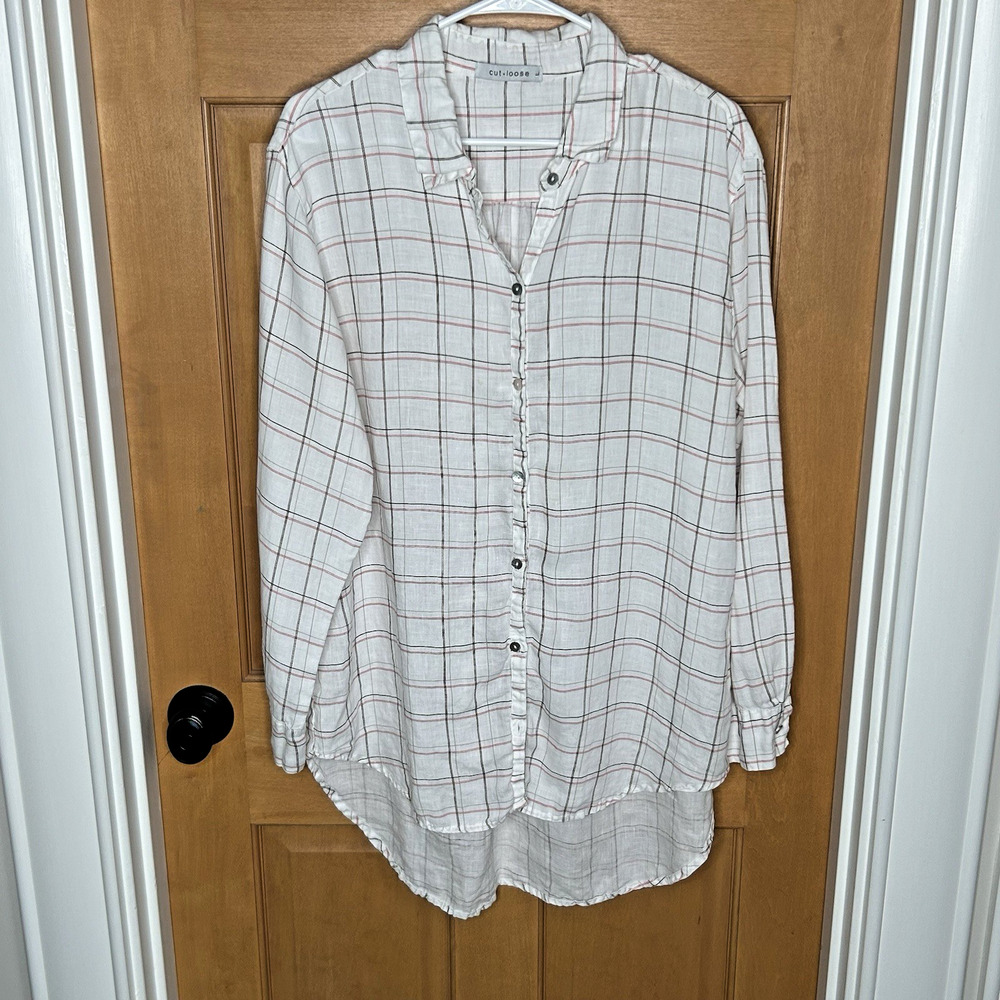 Cut‎ Loose Long Linen Tunic Shirt Size L White Plaid Button Up
